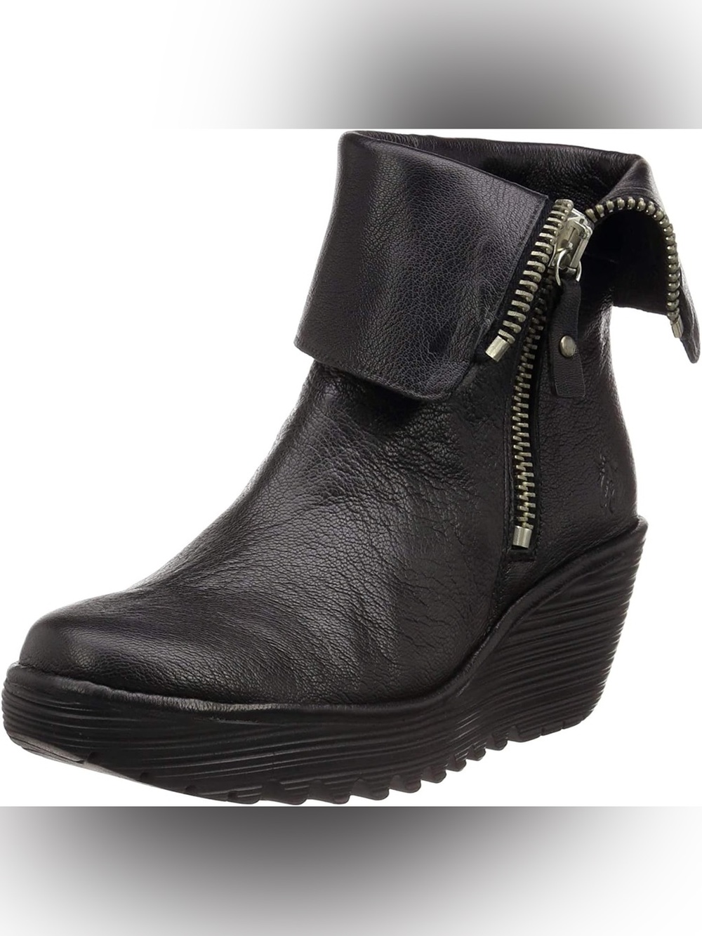 Fly London women’s black leather wedge boots zip up with silver hardware chunky